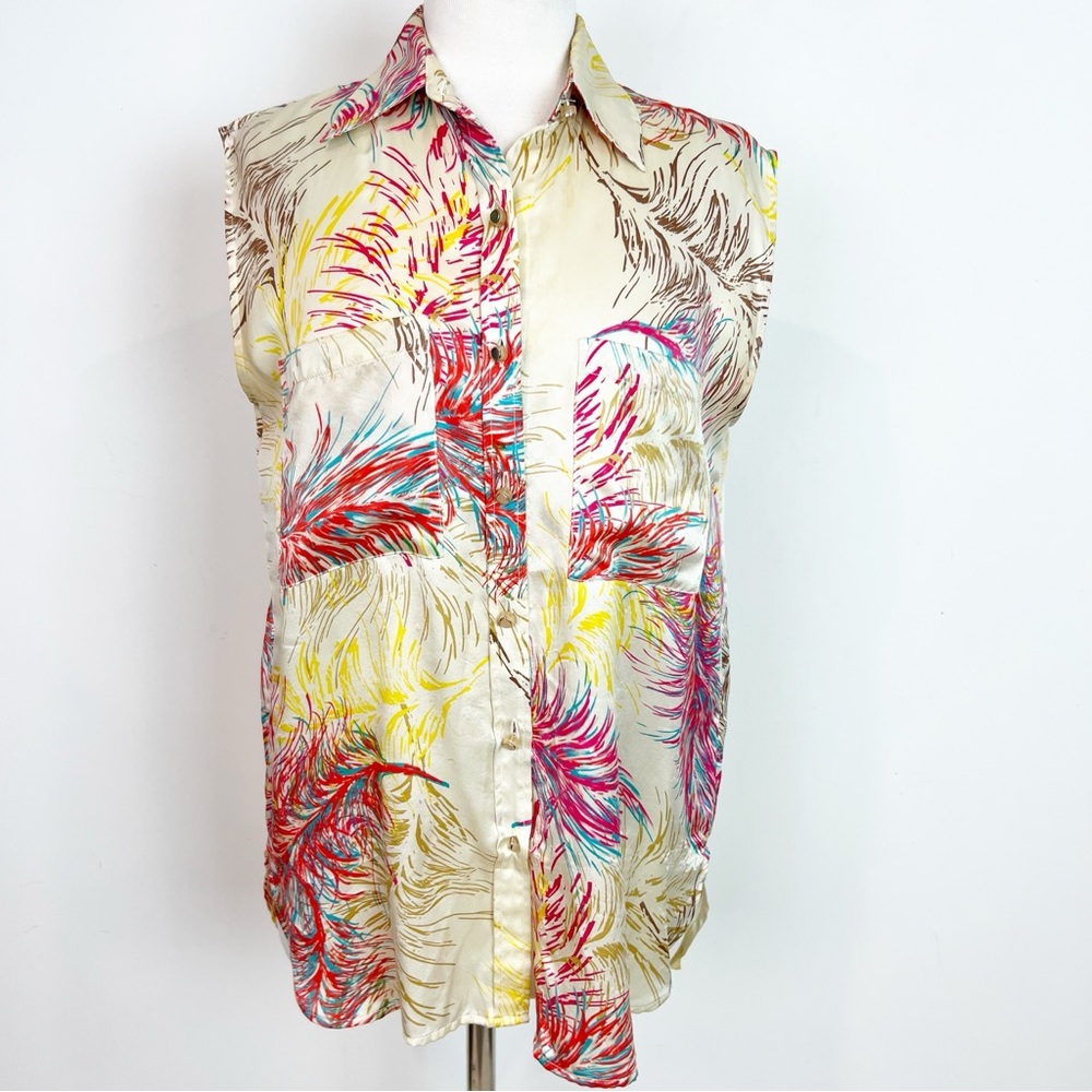 CAbi Sleeveless Button-Front Blouse in Cream with Multicolor Feather Print
